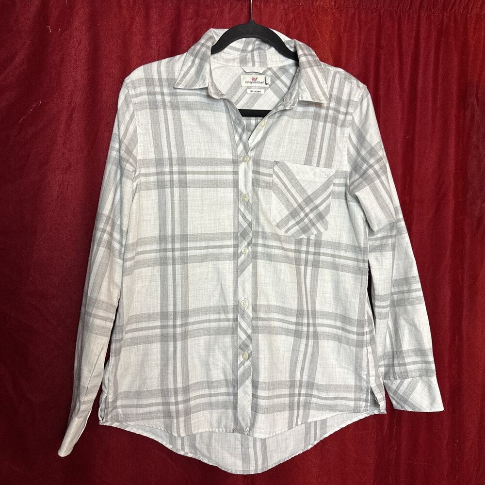 Woman's Vineyard Vines Relaxed Gray Plaid Long Sleeve Shirt Size 6
